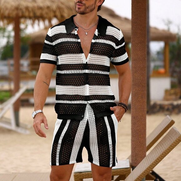 Black And White Casual Men's Hollowout Striped Crochet Knit Two-Piece Set - Picture 6 of 7